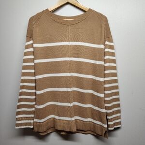 Talbots Knit Sweater Women Size XLP Tan White Stripes 100% Cotton Fall Casual
